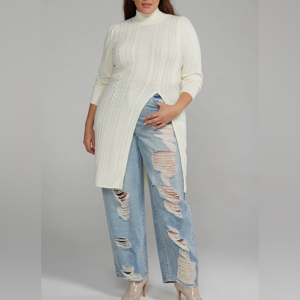 Cable Knit Side Slit Long Sweater, color- Ivory